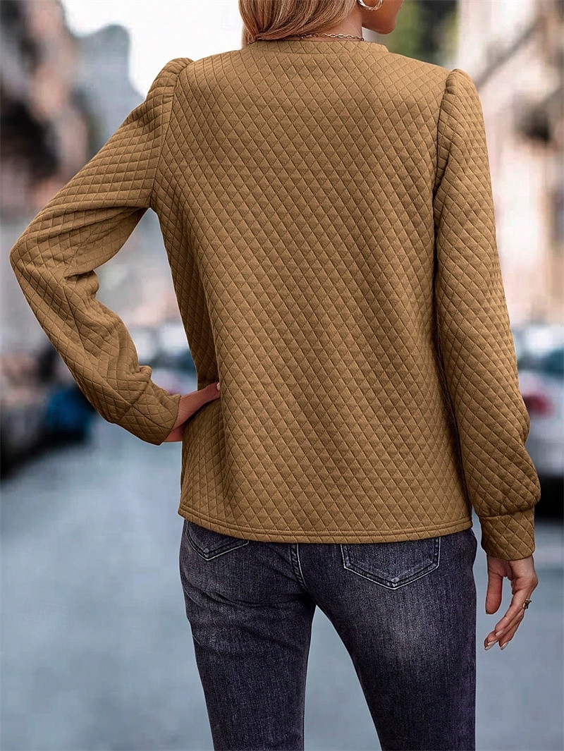 damskjorta texturerad sweatshirt våffeltröja enfärgad business modern långärmad rund hals normalstor toppar arbets svart marinblå brun beige höst vinter 2025 - $29.99 –P10