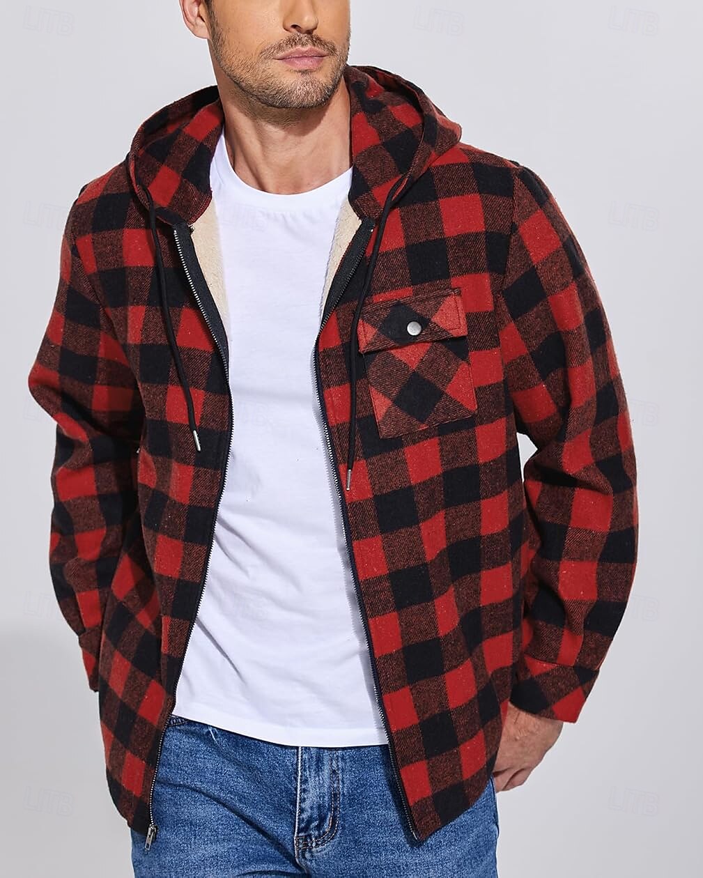 Herren Hemdjacke Kapuzenjacke Shacket Flanell-Fleecejacke Täglich Urlaub warm Mit Kapuze Herbst Winter Schottenstoff Kariert Modisch Strassenmode Kargen Standard Schwarz Dunkelrot Hellgrün Rote Blau 2025 - $60.99 –P46
