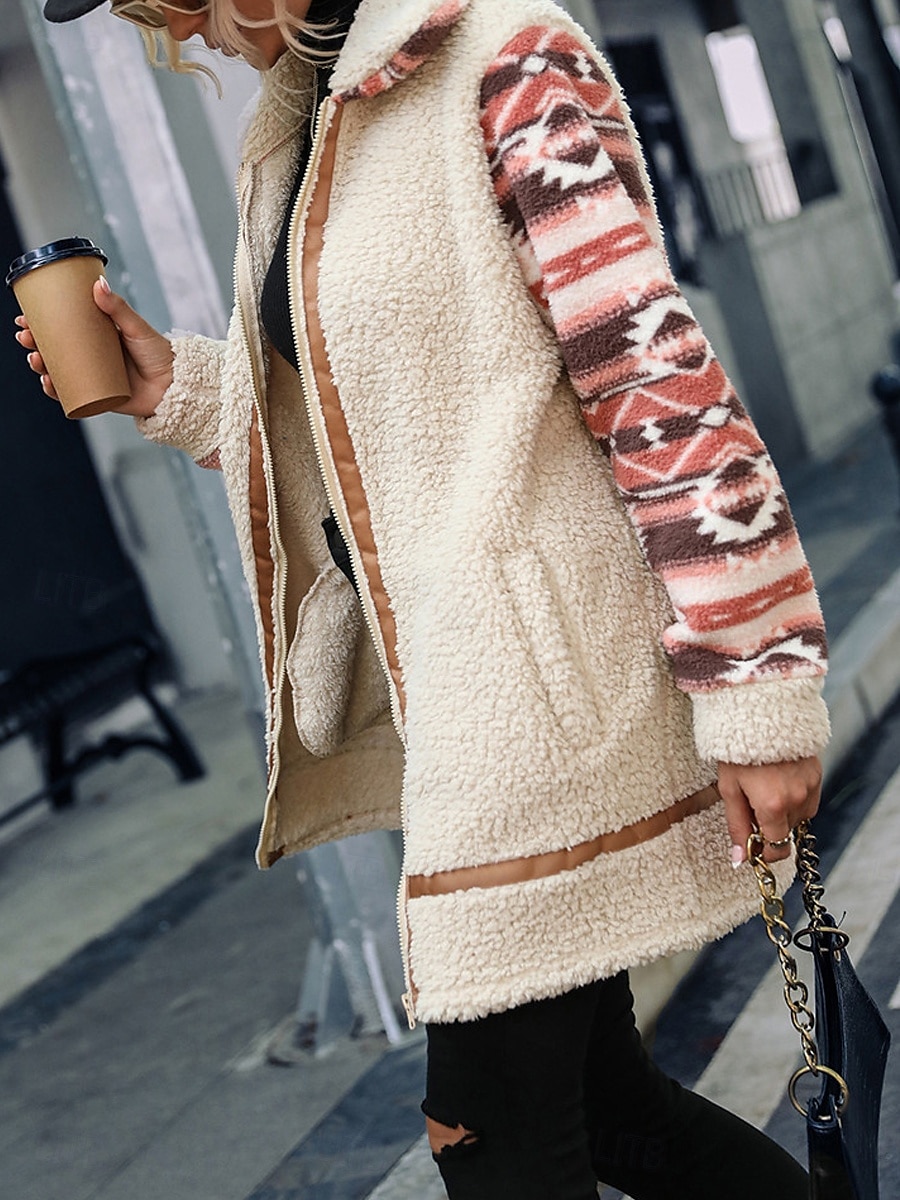 Dames Fleecejack Teddy jas Hoodie jas Houd Warm Ademend Vetoketju Zak Met fleece gevoerd Vintage Casual Geometrisch Vakantie Straat Alledaagse kleding Uitgaan Rits Lang Strijkijzer Normale pasvorm 2025 - $52.99 –P3