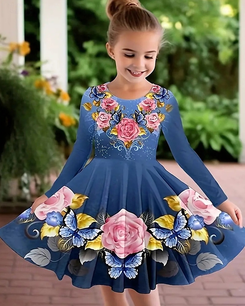 Easter Girls' 3D Rose Graphic Dress Long Sleeve Summer Spring Vacation Daily Holiday Princess Beautiful Sweet Kids 4-12 Years Casual Dress A Line Dress Knee-length Regular Fit 2025 - $16.99 –P4