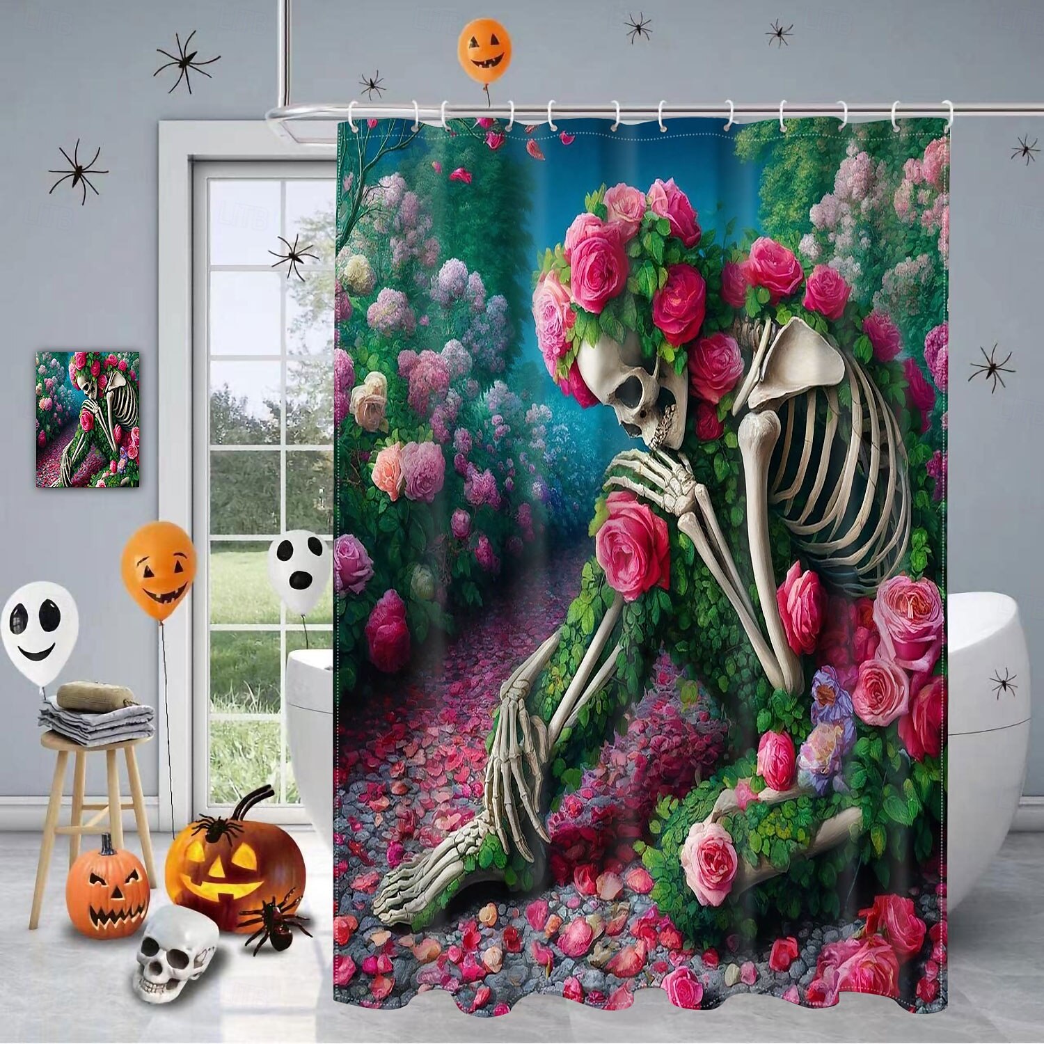 cortina de chuveiro de halloween com ganchos para banheiro cortina de chuveiro de caveira conjunto de decoração de banheiro poliéster à prova d'água pacote com 12 ganchos de plástico cabeças de de 2025 por $21.99 –P12
