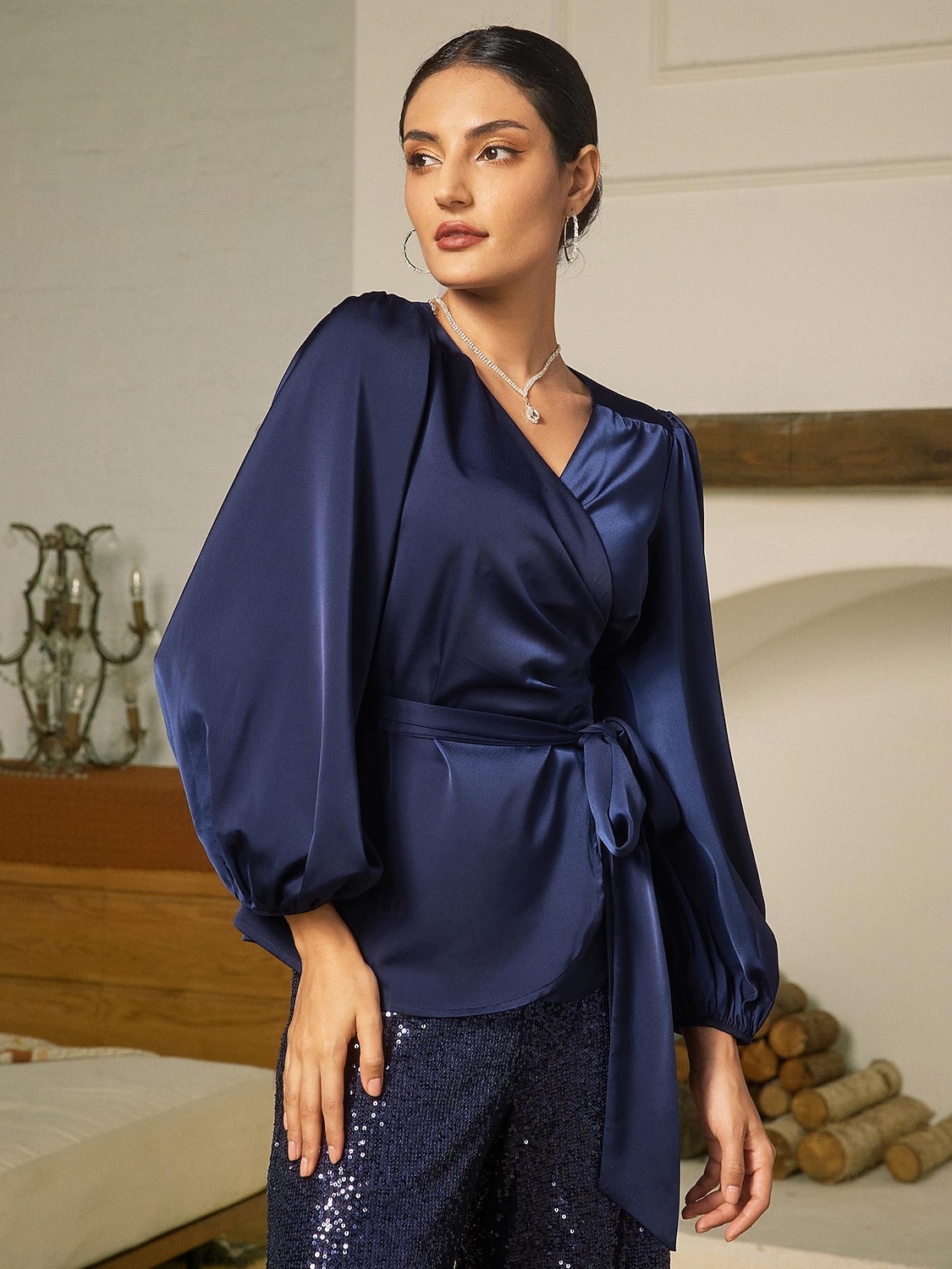 μπλούζα σατέν μασίφ casual juliet μανίκι γραβάτα μπροστά 2025 - $72.99 –P6