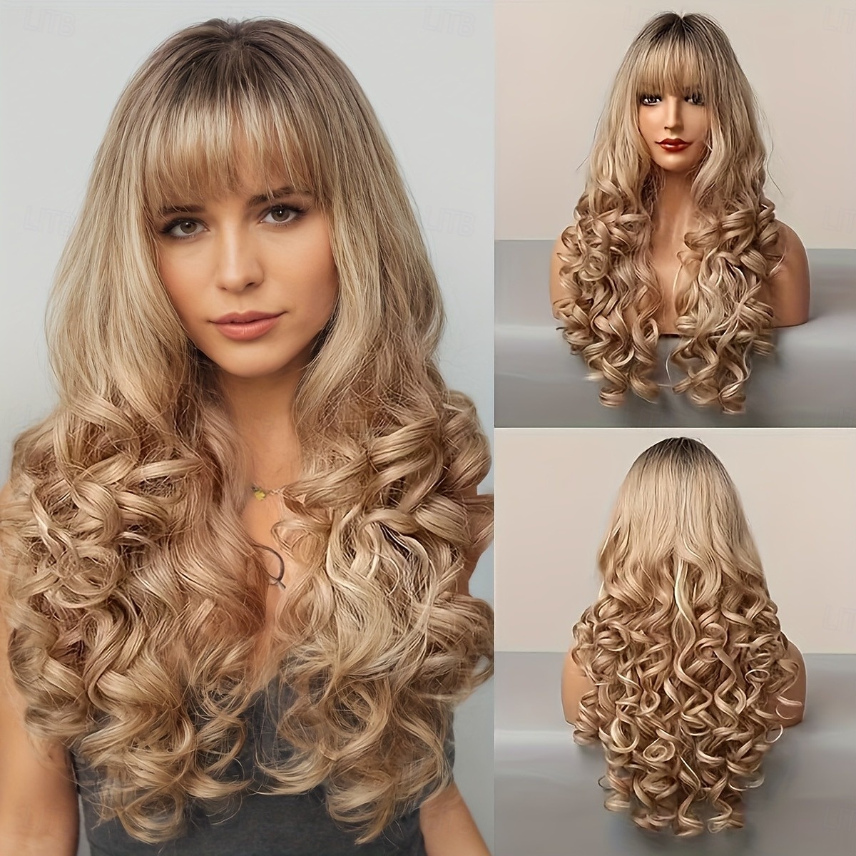 parrucche lunghe con radici scure, parrucca sintetica ondulata e sciolta con frangia per le donne, per feste quotidiane e cosplay del 2025 a $19.99 –P4