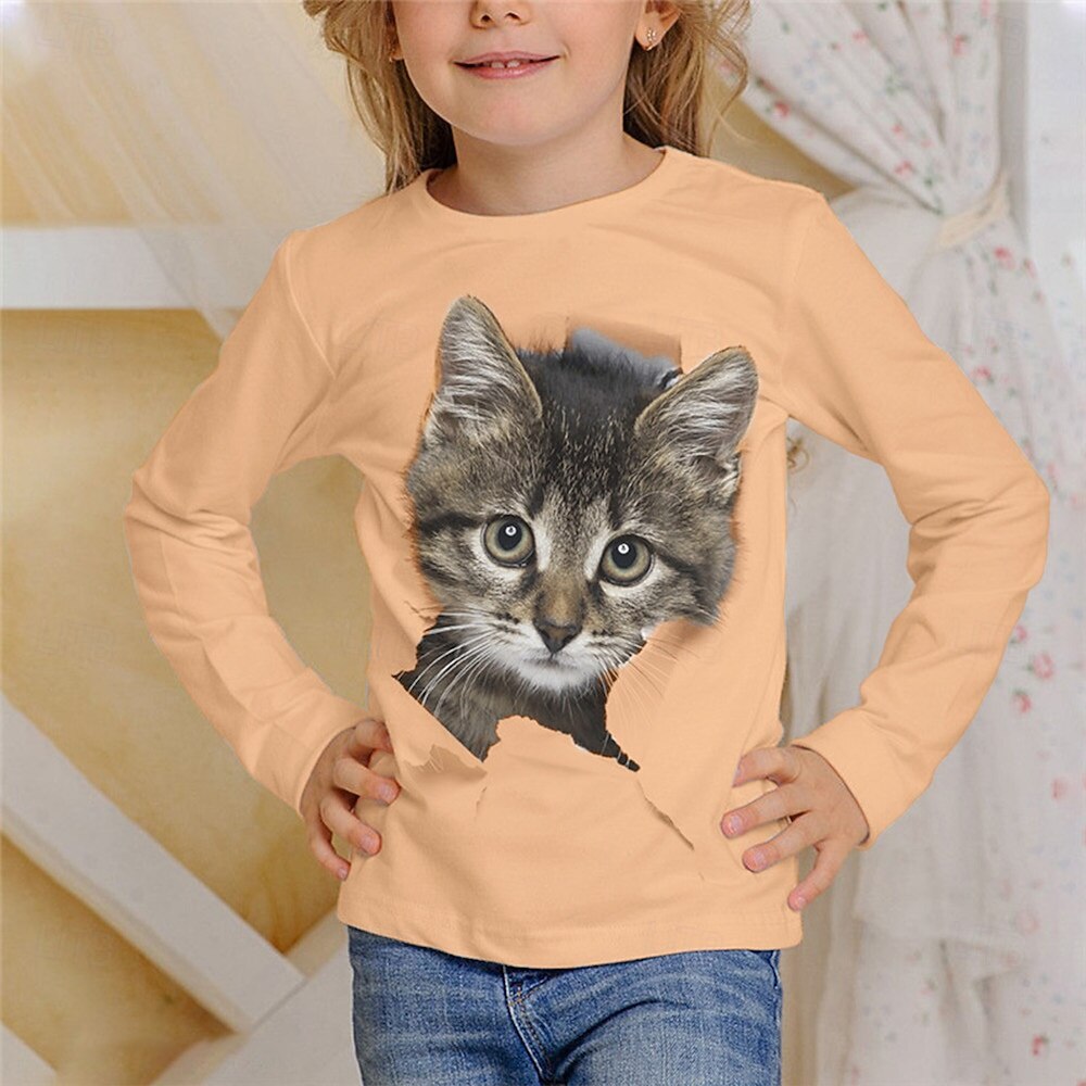 Flickor 3D Grafisk Djur Katt T-shirt Långärmad Vår Höst Mode Grundläggande Barn 4-12 år Rund hals Utomhus Ledigt Dagligen Normal 2025 - $13.99 –P2
