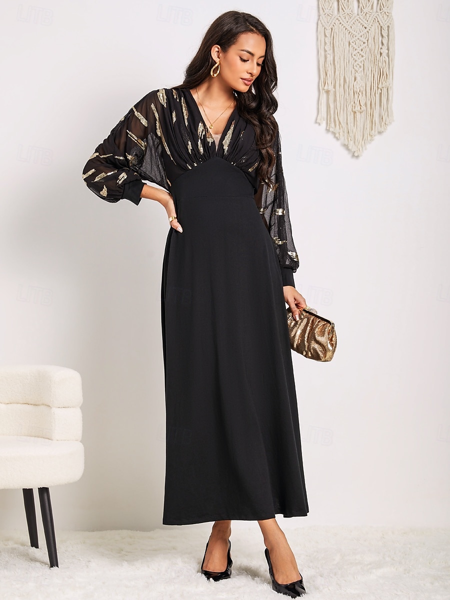 Women's Long Dress Sheer Feather Print Sleeves V-neck Black Festive Party Elegant Maxi Winter Fall Clothing Apparel 2025 - $99.99 –P14