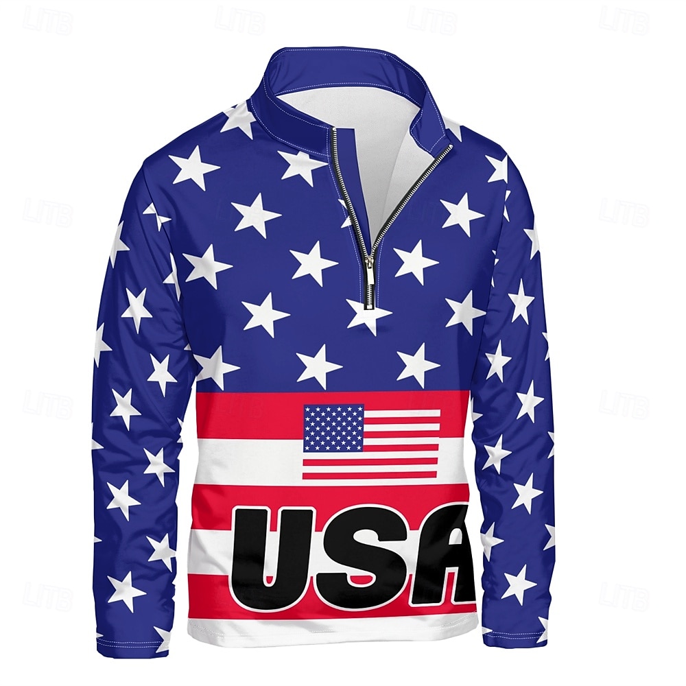 Herr Grafisk Amerikanska amerikanska flaggan Huvtröjor Dagligen Ledigt Långärmad Hög krage Semester Utekväll Streetwear Blå Mönster Vår & Höst Designer 2025 - $29.99 –P1