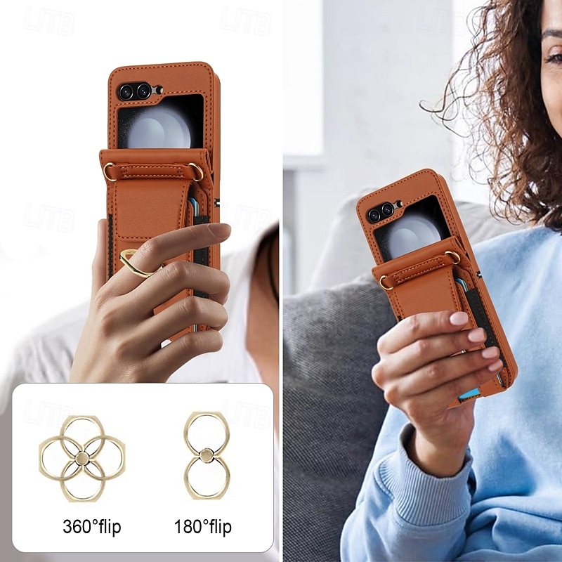 Phone Case For Samsung Galaxy Z Flip 7 Z Flip 6 Z Flip 5 Z Flip 4 Z Flip 3 Back Cover Ring Holder with Lanyard with Wrist Strap Retro TPU PU Leather 2025 - $29.99 –P13