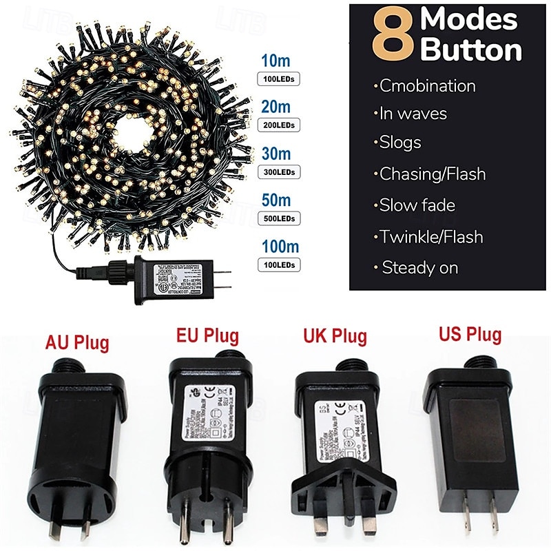 DC24V Safe Voltage LED Xmas String Lights 100M 50M 20M 10M with 800 LEDs and 400 LEDs, Fairy Strip Holiday Lights, IP65 Waterproof Outdoor Lighting for Christmas, Party, New Year Events, US/EU/AU/UK Plug 2025 - $22.99 –P1