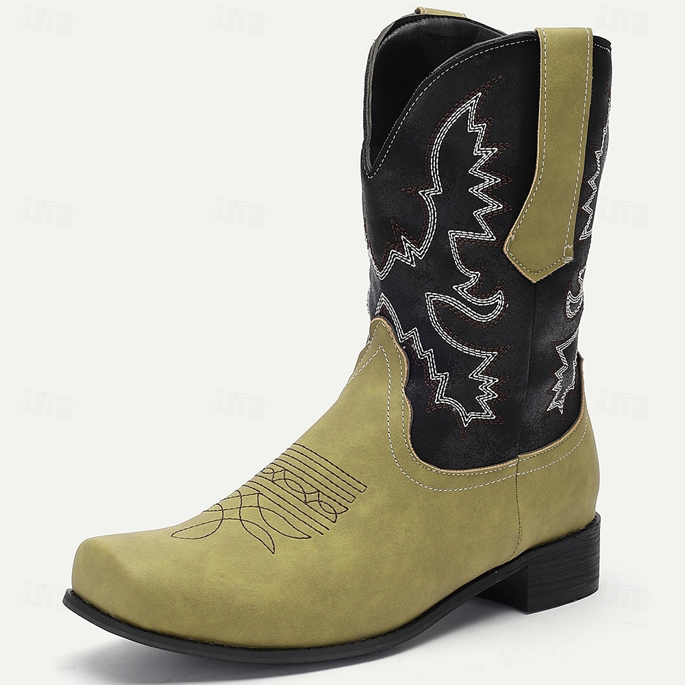 pánské zelenočerné westernové kovbojské boty z umělého semiše s vyšívaným designem - klasické boty ve vintage stylu pro rodeo a outdoorové nošení 2025 - $64.99 –P4