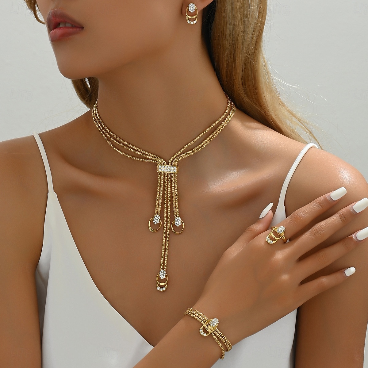 Gold Rhinestone Jewelry Set for Women – Elegant Necklace, Bracelet, Earrings, and Ring with Braided Chain Design, Perfect for Weddings and Formal Events 2025 - $14.99 –P3