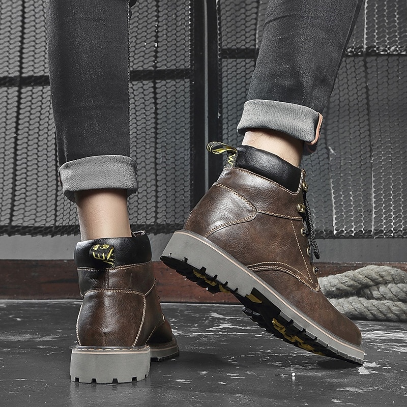 Men's Brown Leather Work Boots, Durable Lace-Up Ankle Boots with Rugged Sole, Perfect for Outdoor Activities, Construction, and Casual Wear 2025 - $79.99 –P7