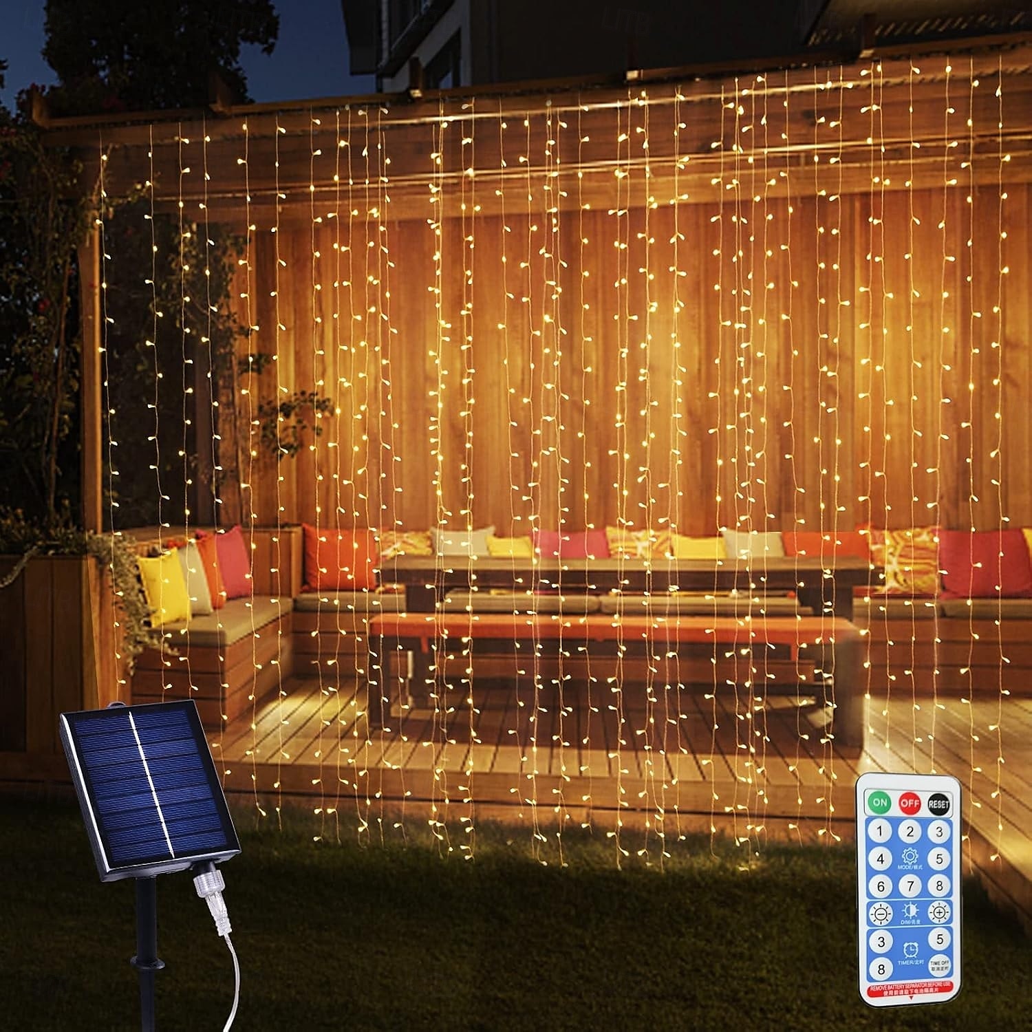 zonne-energie gordijnverlichting buiten afstandsbediening 8 standen verlichting lichtsnoer 3x3m 300leds ip65 waterdicht lichtsnoer kerstfeest bruiloft huis tuin muur woonkamer slaapkamer decoratie 2025 - $34.99 –P7