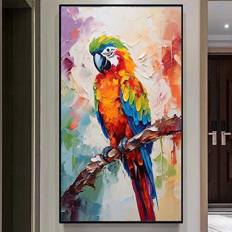 Pintura de loro con espátula grande, pintura al óleo de animales con textura abstracta hecha a mano de gran tamaño, arte de pared, hermosa pintura de pájaros, decoración de pared de sala de estar, 2026 - $119.99 –P1