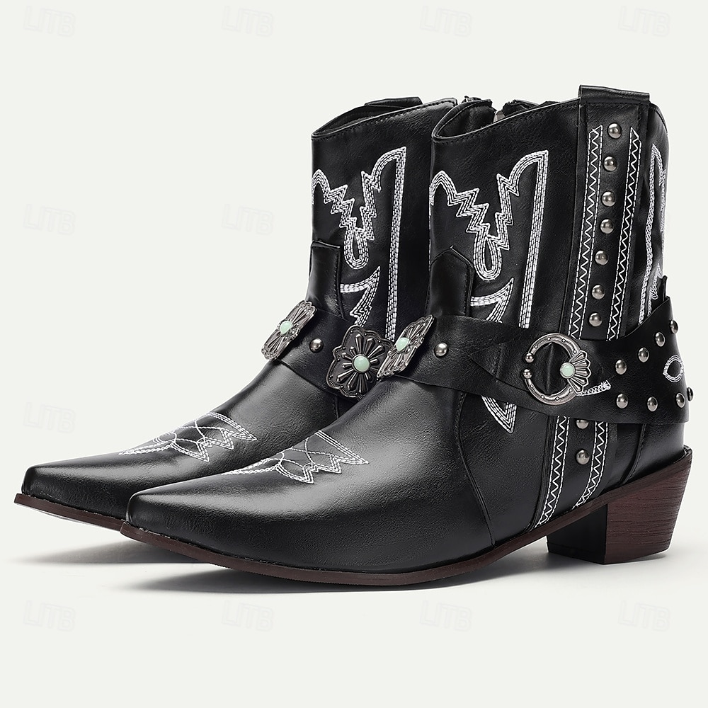 férfi western cowboy csizma díszített csatos pántokkal és szegecses dizájnnal - vintage stílusú műbőr bokacsizma rodeó és hétköznapi viselethez 2025 - $84.99 –P8