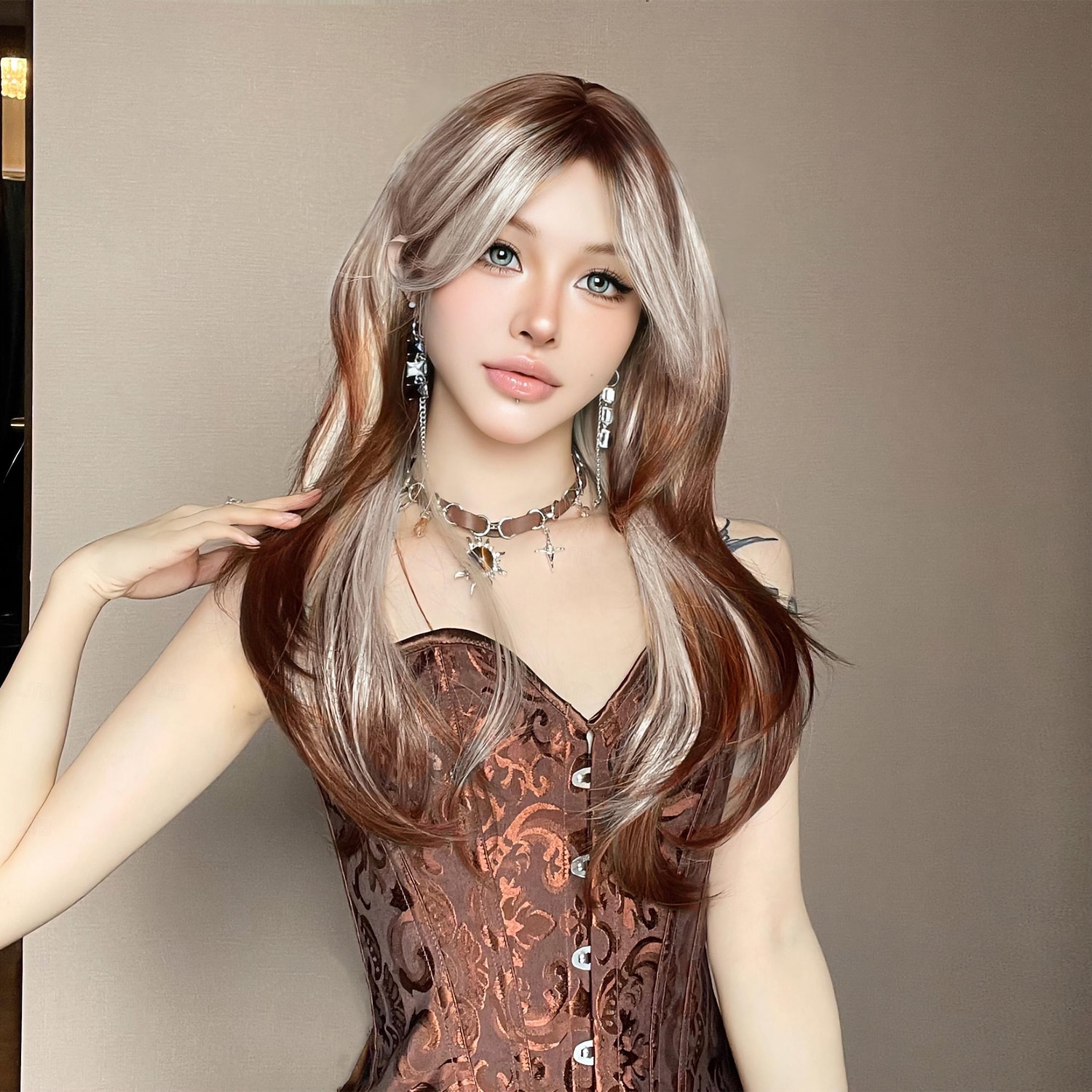 Synthetic Wig Straight kinky Straight Layered Haircut Neat Bang With Bangs Machine Made Wig 22 inch Brown / White Synthetic Hair Women's Cute Cosplay Party Mixed Color 2026 - $29.99 –P3