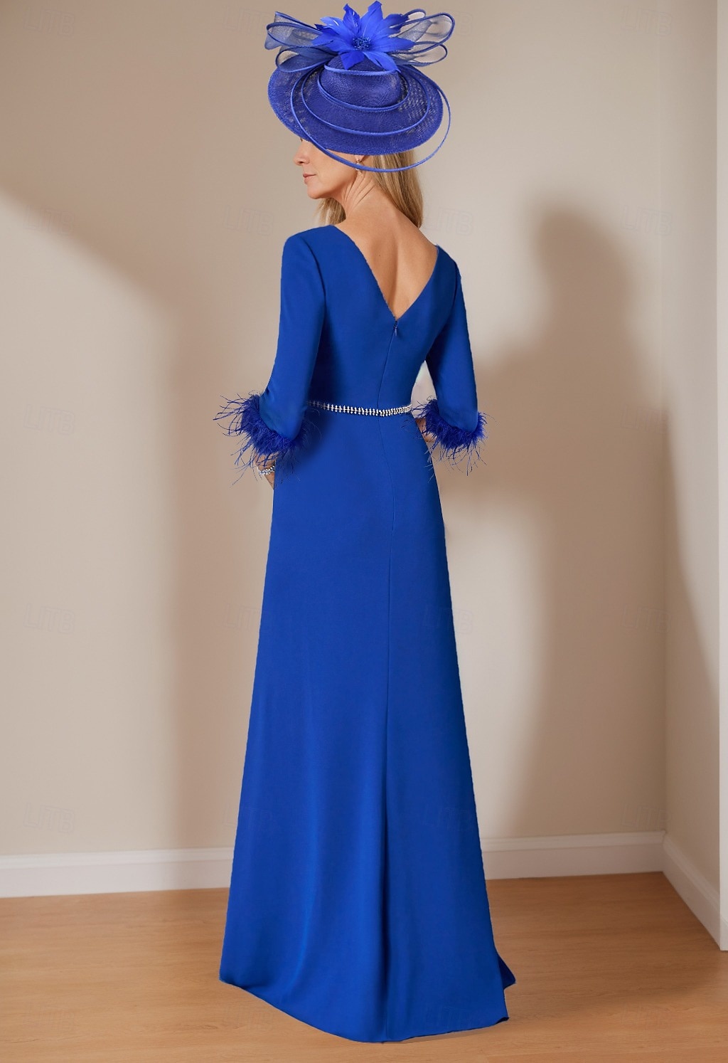 A-Line Mother of the Bride Dress Elegant Simple High Low Plunging Neck Floor Length Stretch Fabric 3/4 Length Sleeve with Feather Pleats free custom size 2025 - $174.99 –P2