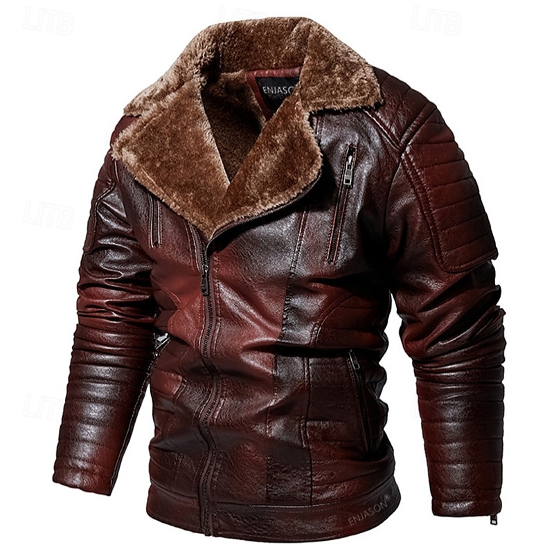 Herr Imitationsläderjacka Fleece-jacka Bikerjacka Motorcykeljacka Dagligen Semester Vindtät Håller värmen Ficka Höst vinter Slät Mode Klassisk Kavajslag Normal Svart Rubinrött Brun Kaffe Jacka 2025 - $86.99 –P9
