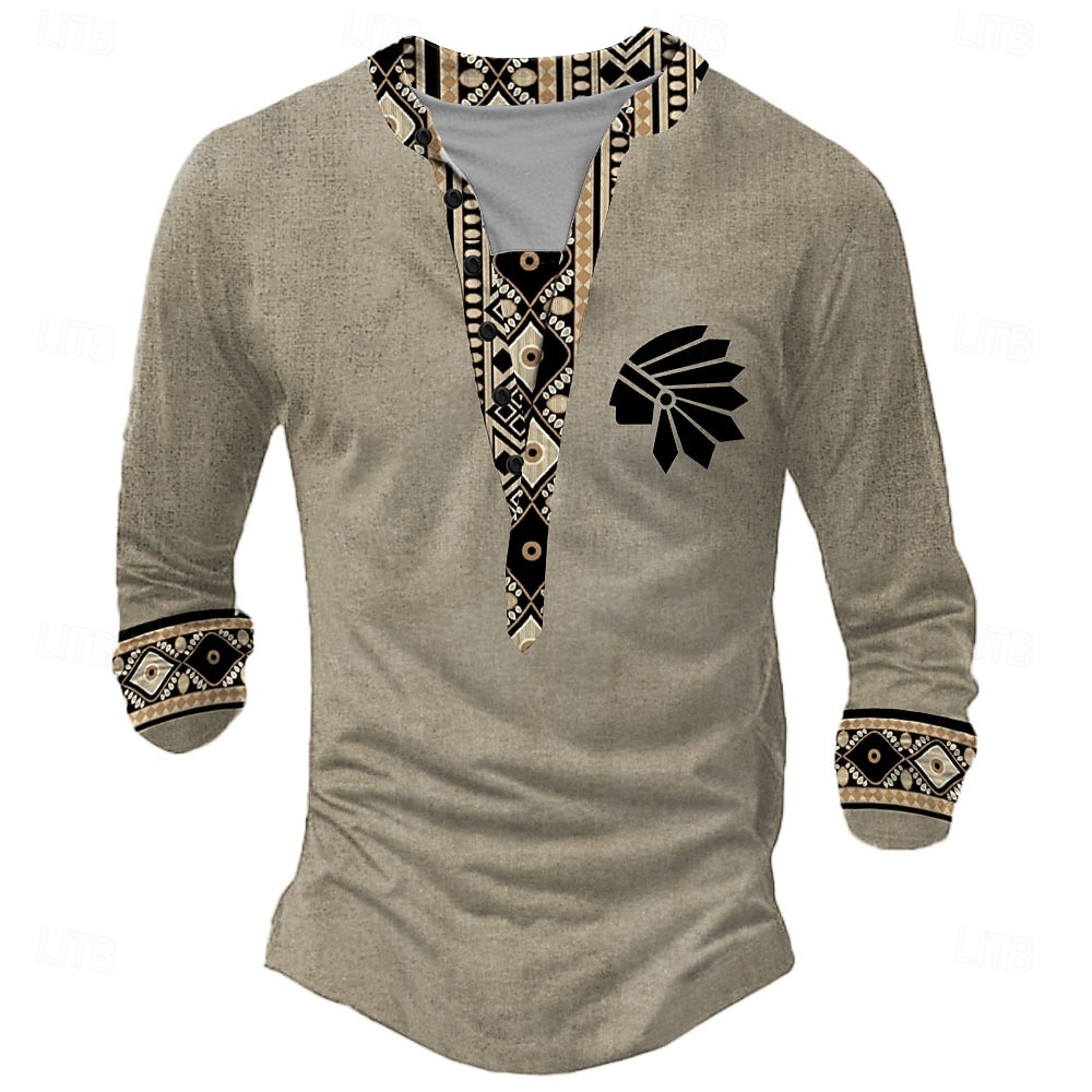 Homens Índio Camisa Henley Manga Longa impressao 3D Retro Vintage Étnico Rua Casual Feriado Inverno Primavera & Outono Amarelo Cinzento Henley Camiseta Henley de 2026 por $23.99 –P3