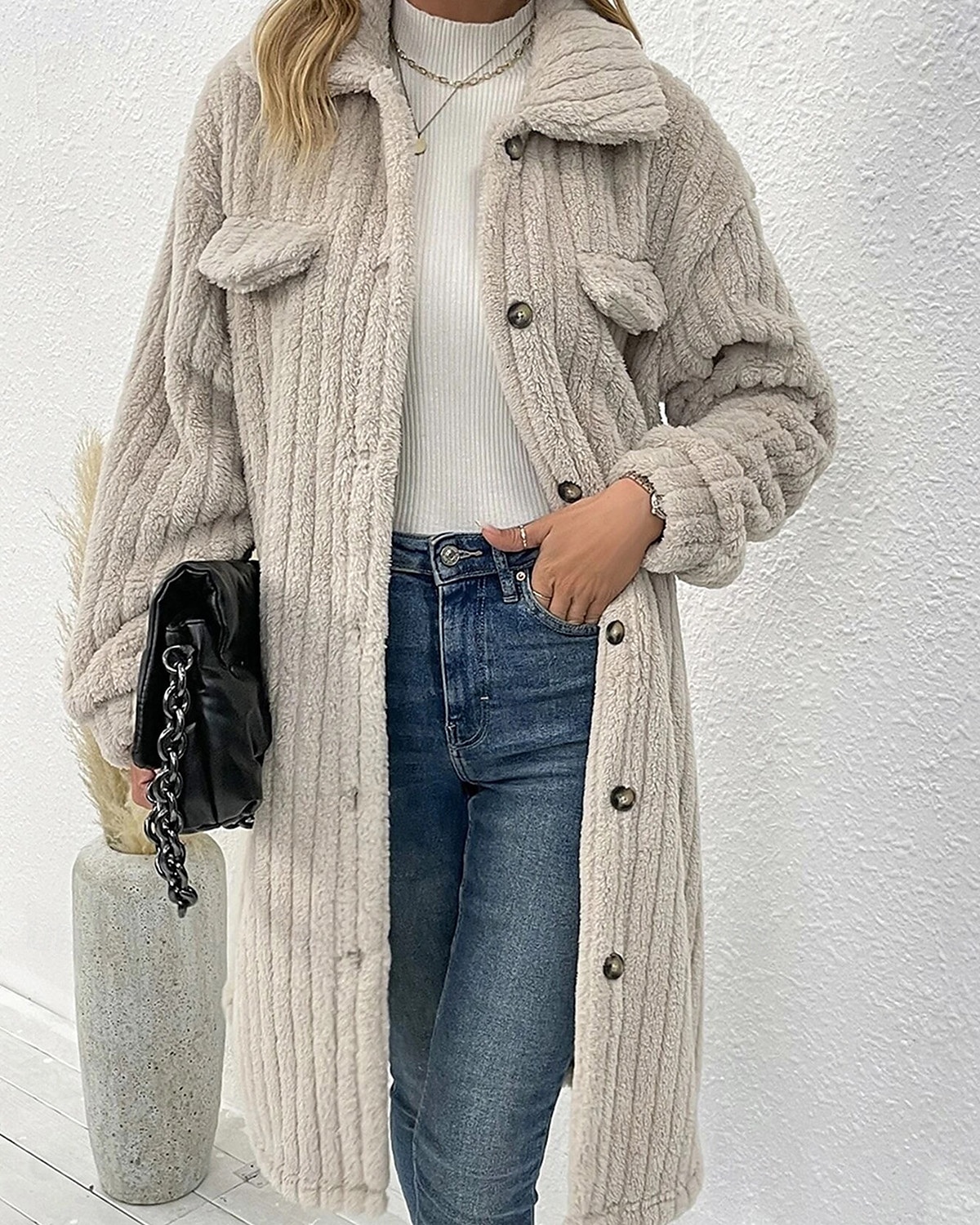 Dam Vinterkappa Fleece-jacka Teddyrock Håller värmen Andningsfunktion Ficka Mode Ledigt Slät Arbete Gata Enkelknäppt Lång Nedvikt Lös passning Långärmad Ytterkläder Brun Mörkgrå Beige Höst Vinter 2025 - $62.99 –P1