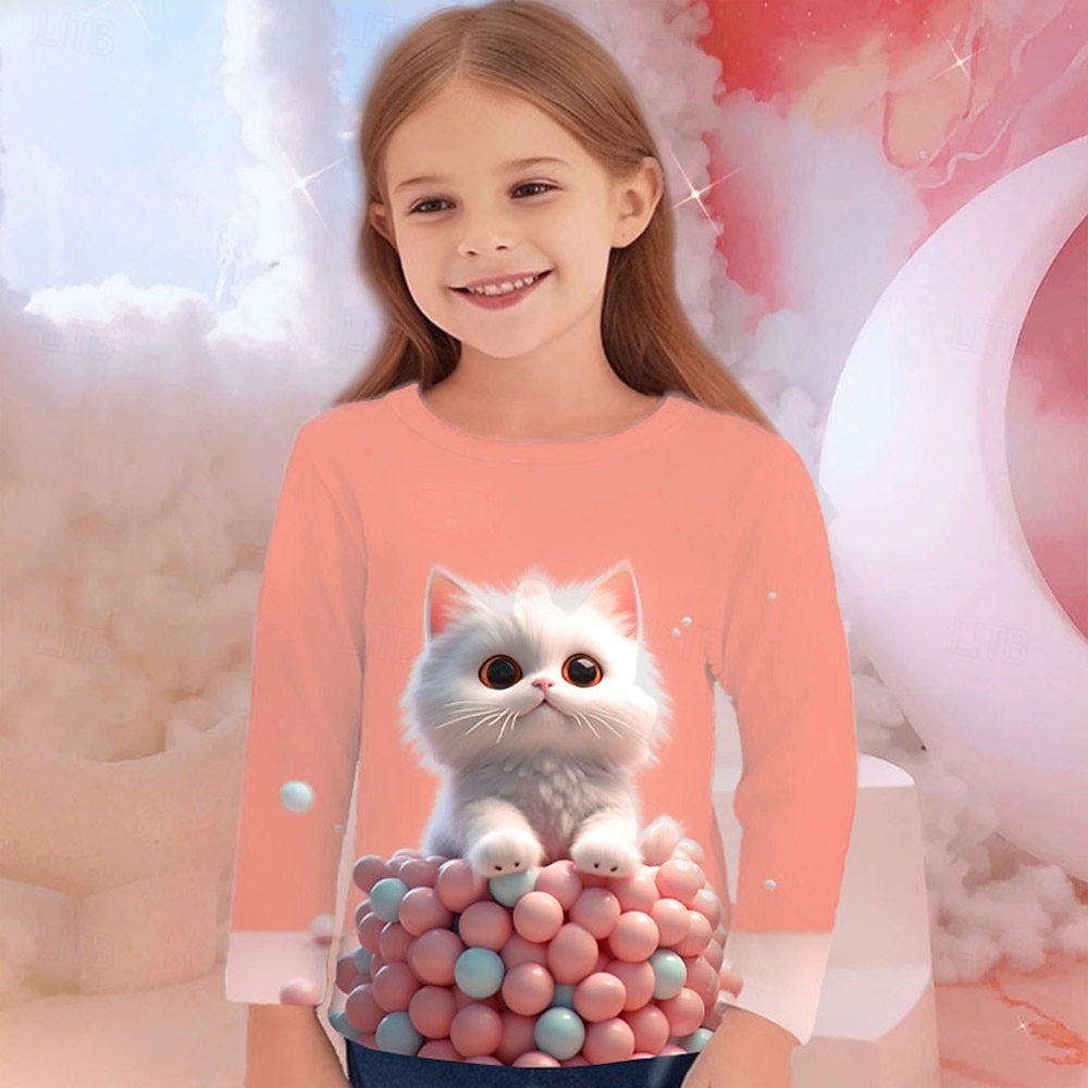Flickor 3D Grafisk Djur Katt T-shirt Långärmad Vår Höst Mode Grundläggande Barn 4-12 år Rund hals Utomhus Ledigt Dagligen Normal 2025 - $13.99 –P5