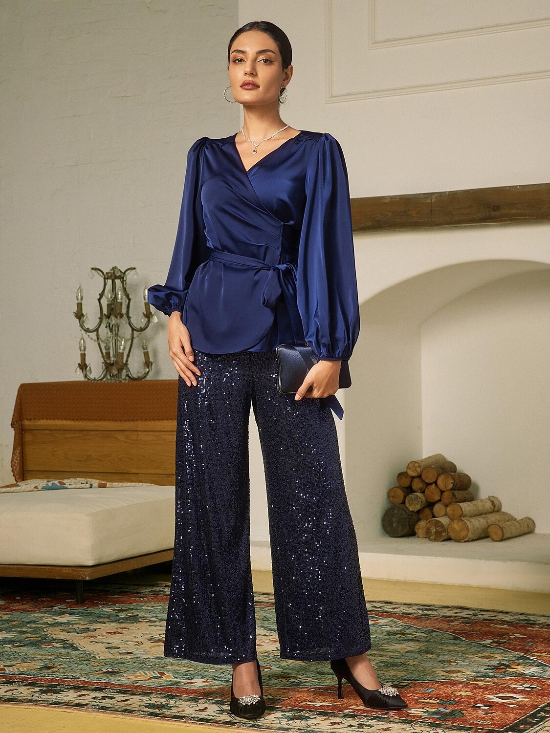 Femme Pantalon à paillettes Toute la longueur Elégant Fête / Soirée Noir bleu marine Printemps & Automne S M L de 2025 ? $52.99 –P2