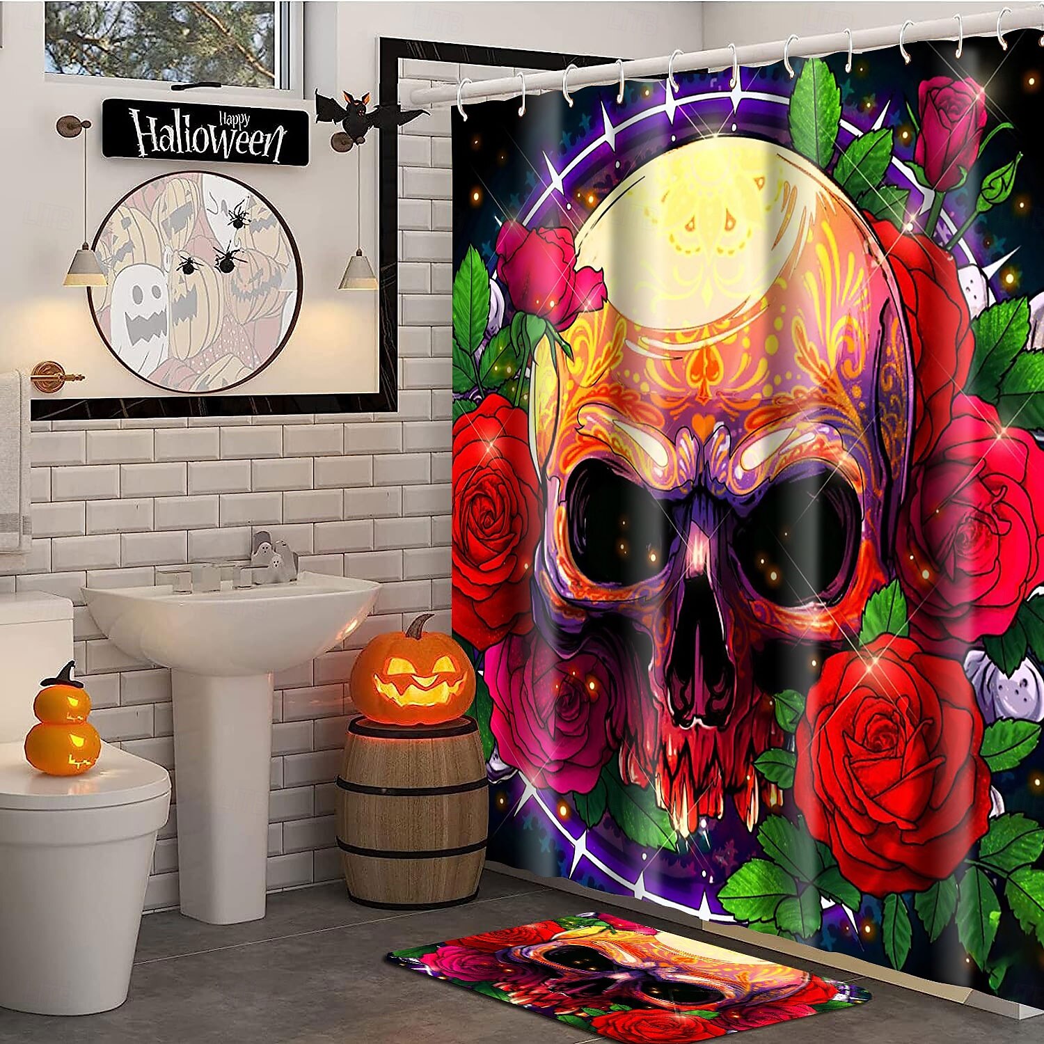 cortina de chuveiro de halloween com ganchos para banheiro cortina de chuveiro de caveira conjunto de decoração de banheiro poliéster à prova d'água pacote com 12 ganchos de plástico cabeças de de 2025 por $21.99 –P4