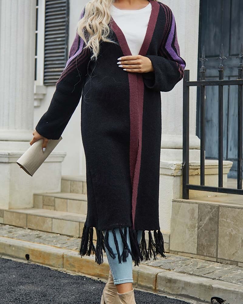 Femme Gilet Cardigan Mode du quotidien Géométrique Ouvrir le devant Franges manche longue Hauts longs Tricoter Extérieur Sortie Fin de semaine Noir Chameau Automne Hiver de 2025 ? $65.99 –P9