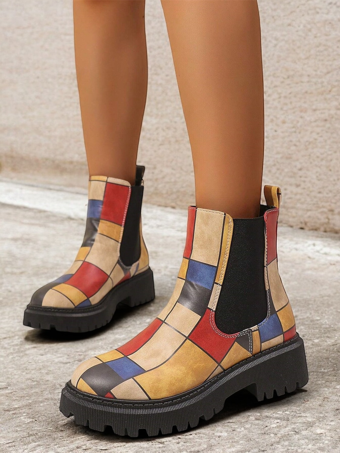 mehrfarbige Chelsea-Stiefel im Patchwork-Stil für Damen – moderne dicke Sohle mit elastischen Seiteneinsätzen für Retro- und Casual-Styling 2025 - $46.99 –P6