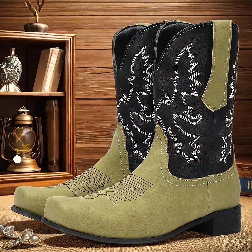 pánské zelenočerné westernové kovbojské boty z umělého semiše s vyšívaným designem - klasické boty ve vintage stylu pro rodeo a outdoorové nošení 2025 - $64.99 –P1