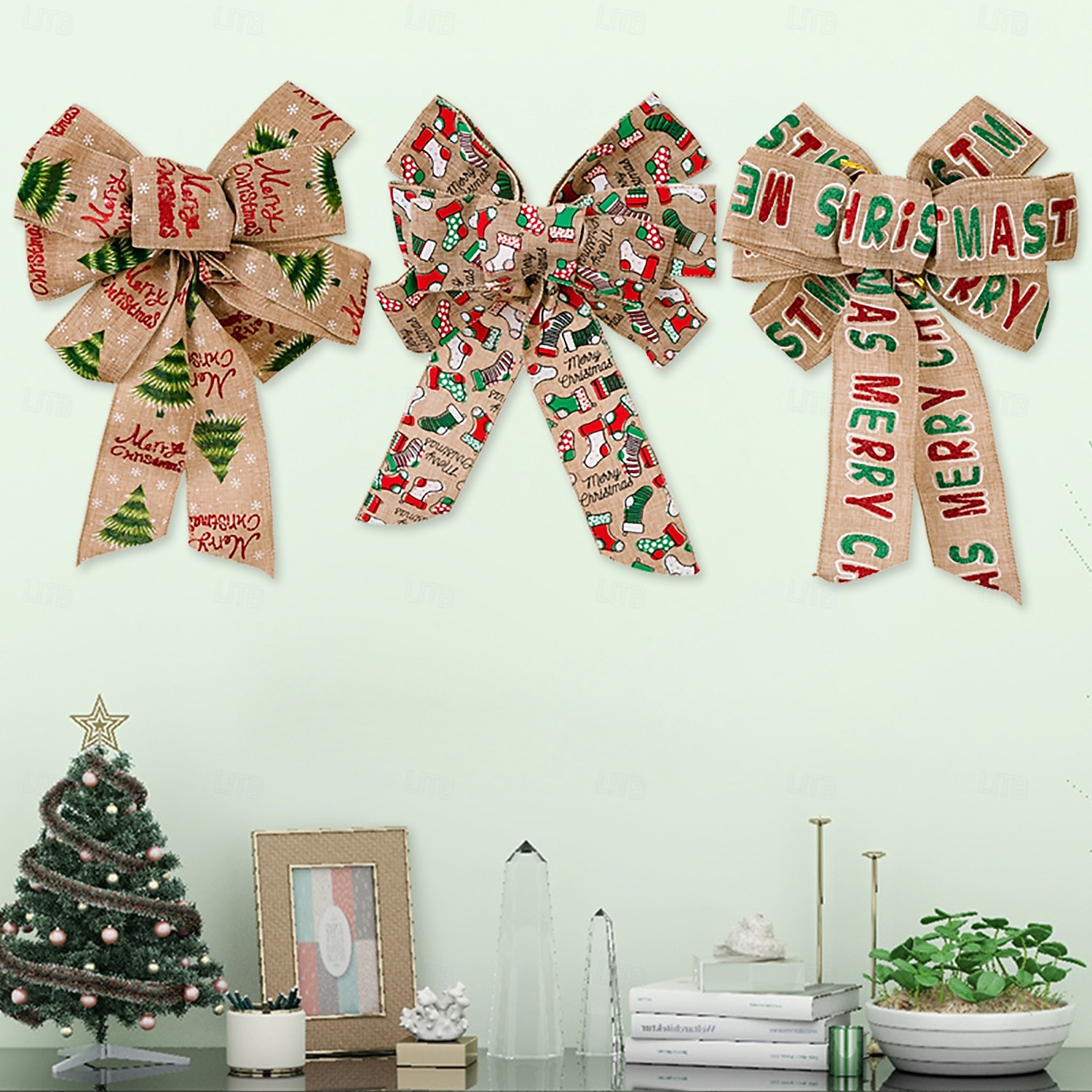 kerstboom strik topper, jute vintage lint strik, kerstversiering, rustieke kerst  strik ornamenten voor boom en vakantie cadeau decoratie 2025 - €4.99, image size:1500x1500