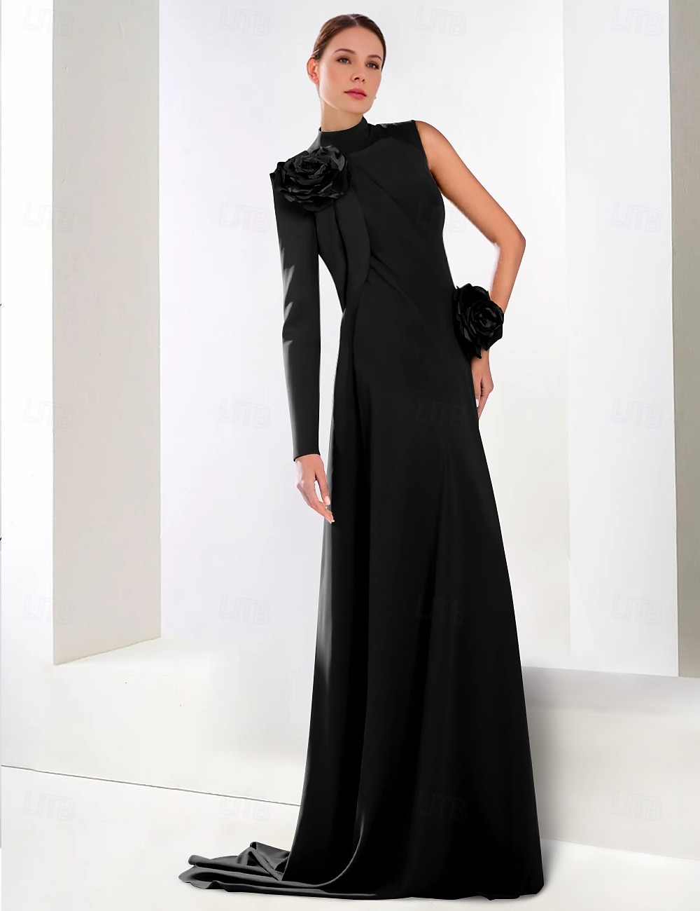 robe de soirée trapèze à cravate noire robe élégante formelle longueur au sol manches longues col haut crêpe extensible avec fleur à l'épaule 2025 de 2025 ? $171.99 –P1