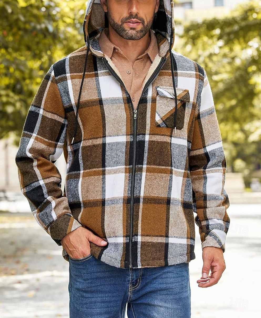Herren Hemdjacke Kapuzenjacke Shacket Flanell-Fleecejacke Täglich Urlaub warm Mit Kapuze Herbst Winter Schottenstoff Kariert Modisch Strassenmode Kargen Standard Schwarz Dunkelrot Hellgrün Rote Blau 2025 - $60.99 –P25