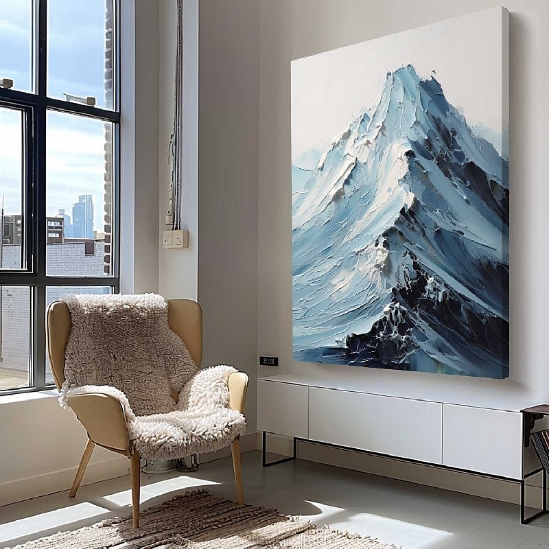 blau-weißes Schneegemälde, handgemachtes Berggemälde, dickes strukturiertes Kunstwerk, Ölgemälde, handgemaltes Berggemälde mit Palettenmesser, personalisiertes 3D-Ölgemälde, Wohndekor 2025 - $116.99 –P7