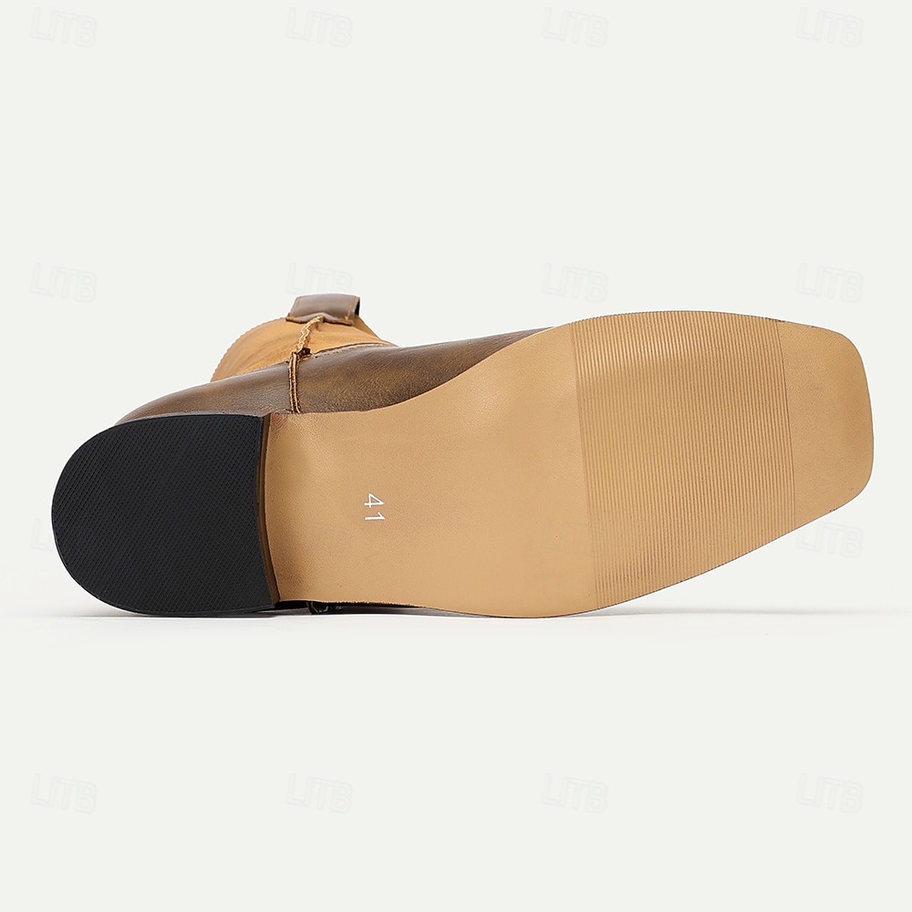 stivali da cowboy western da uomo – stivali in similpelle marrone chiaro in stile vintage a metà polpaccio con punta quadrata, ideali per l'outdoor e l'abbigliamento casual del 2025 a $64.99 –P7