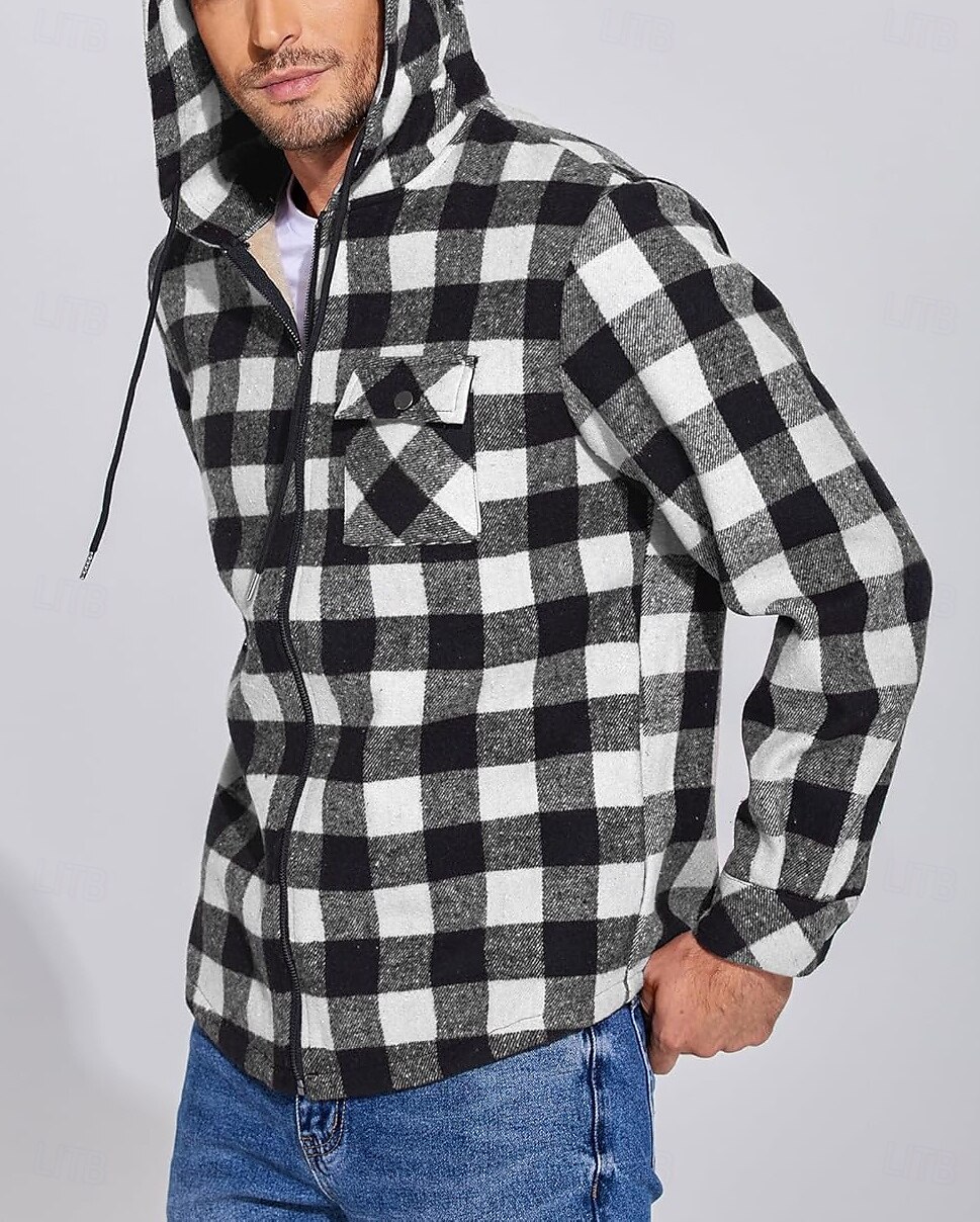 Herren Hemdjacke Kapuzenjacke Shacket Flanell-Fleecejacke Täglich Urlaub warm Mit Kapuze Herbst Winter Schottenstoff Kariert Modisch Strassenmode Kargen Standard Schwarz Dunkelrot Hellgrün Rote Blau 2025 - $60.99 –P21