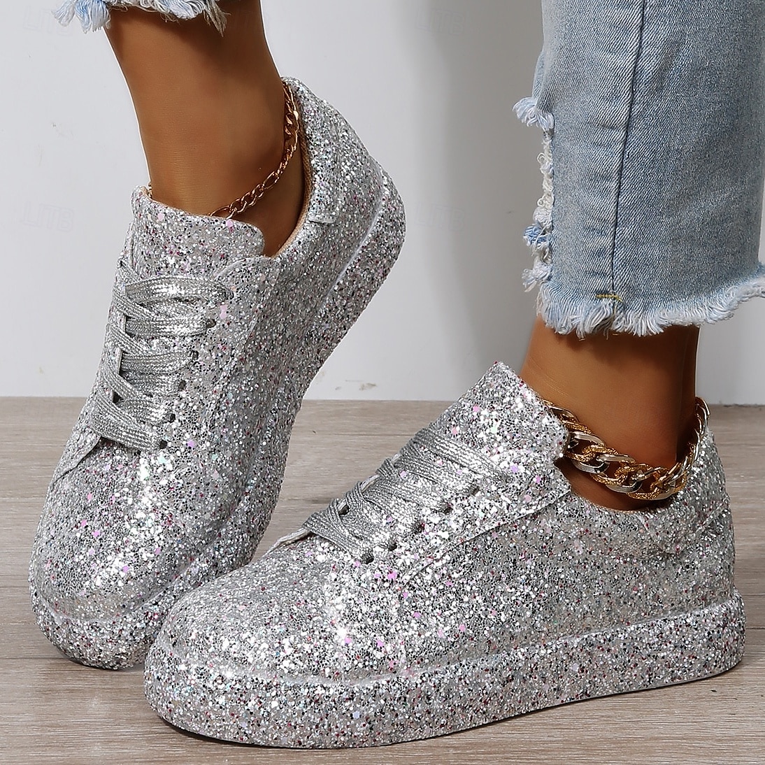 sneakers da donna con plateau e glitter argento - scarpe casual con lacci scintillanti per feste e street style del 2025 a $42.99 –P1