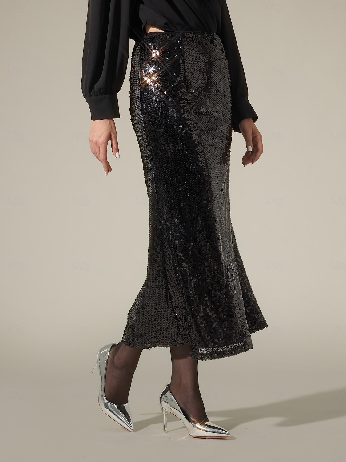 Femme Midi Noir Jupes Printemps, Août, Hiver, Eté Paillettes Doublé Taille médiale Elégant Rétro Vintage Soirée Formel Mariage Soirée XS S M de 2025 ? $41.99 –P1