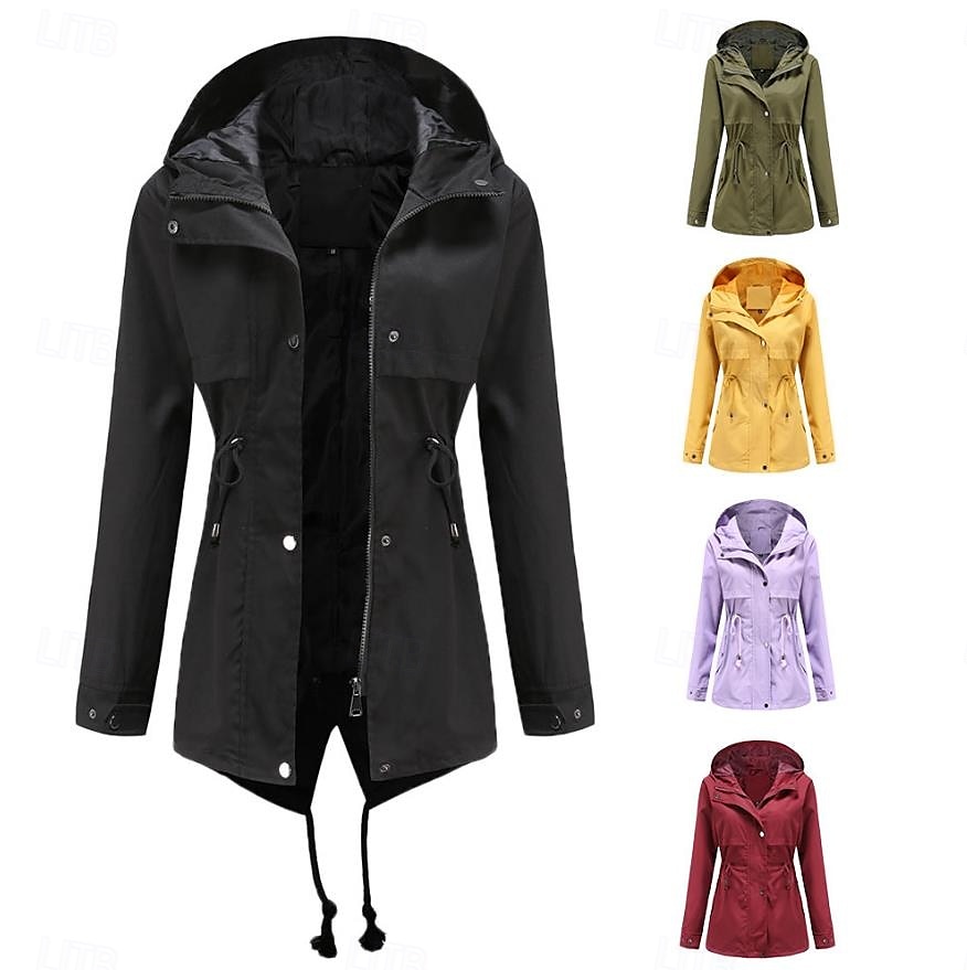 Women's Winter Coat Waterproof Windproof Zipper Outdoor Solid Color Work Casual Zipper Hoodie Loose Fit Long Sleeve Outerwear Black Yellow Red Winter 2025 - GBP £34 –P1