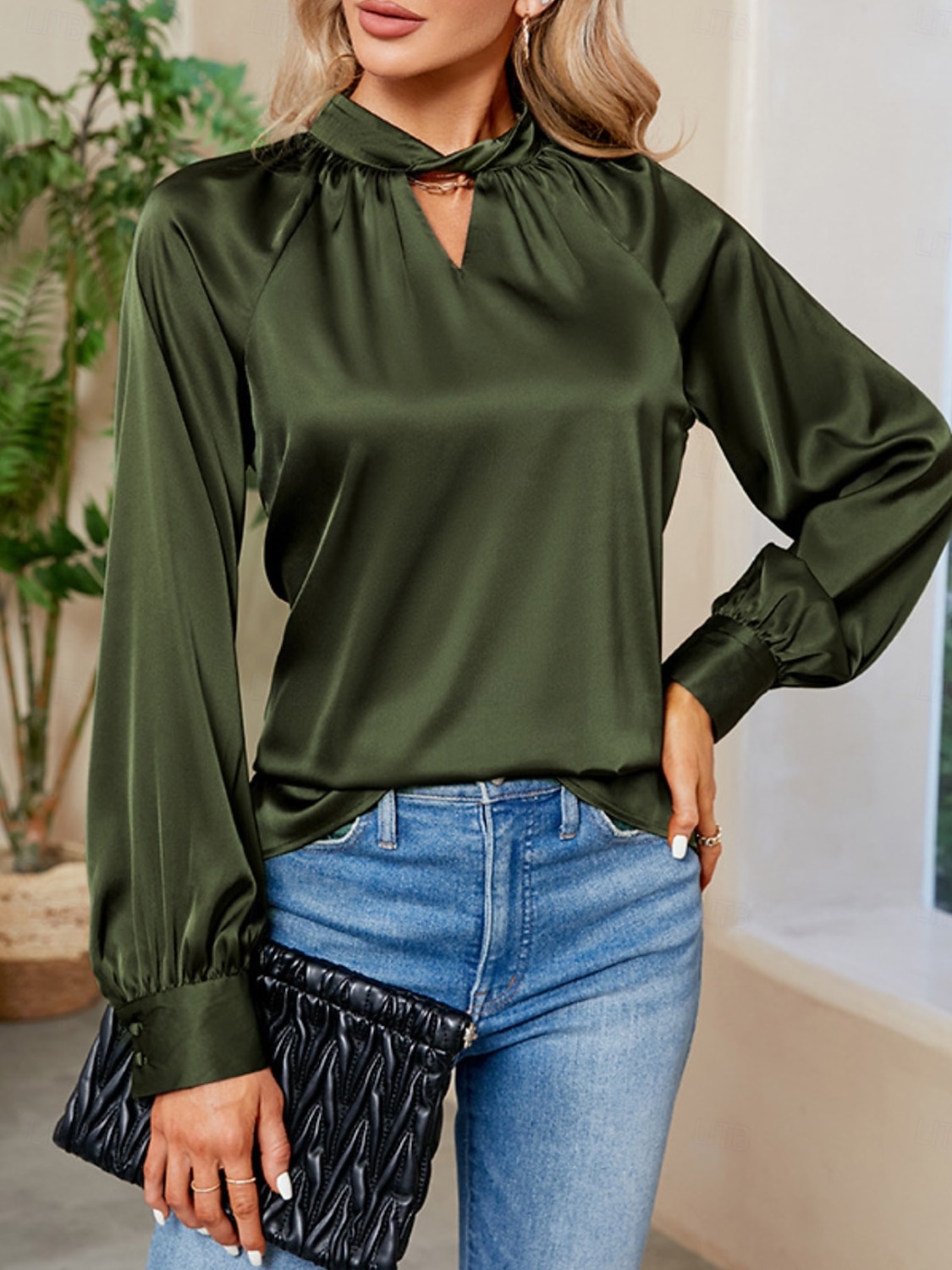 Per donna Camicia Elegant Elegante Raso/Satin Tinta unica Signore Elegante Manica Lunga Scollo a V Top Regolari Feste Lavoro Nodo attorcigliato Nero Bianco Verde Cachi Autunno Inverno del 2025 a $34.99 –P1