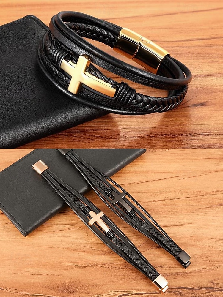 Schwarzes Lederarmband für Herren mit silbernem Kreuz – christliches religiöses Armband, verstellbarer Magnetverschluss 2025 - $11.99 –P5