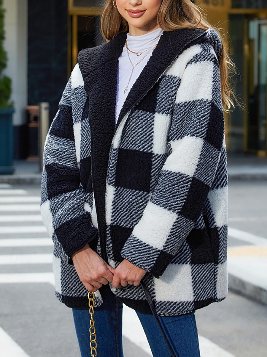Per donna Giacca in pile Cappotto teddy Giacca con cappuccio Tenere al caldo Traspirante Tasche In pile Informale A quadri Da mare Strada Da tutti i giorni Per uscire Apertura anteriore Standard Felpa del 2025 a $62.99 –P9
