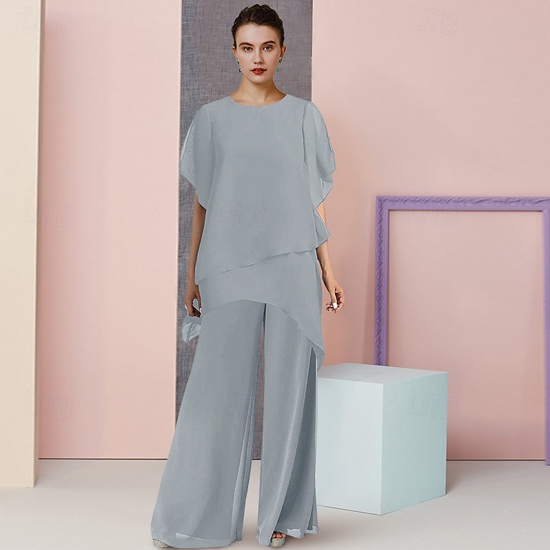 Two Piece Jumpsuit / Pantsuit Mother of the Bride  Wedding Guest Elegant Plus Size Scoop Neck Floor Length Chiffon Short Sleeve with Solid Color free custom size 2025 - $138.99 –P1
