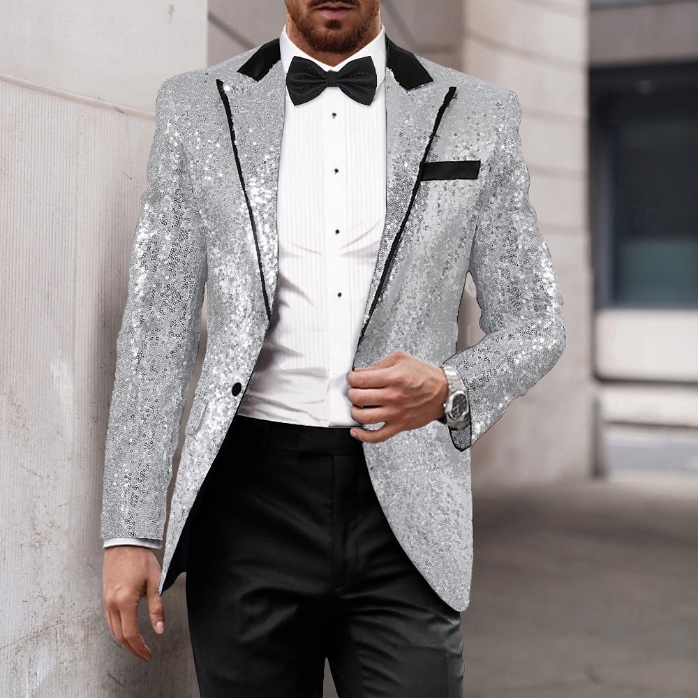 Herr Kavajjacka Smoking Lyx Glittriga Lappverk Solid färg Blazer Svart Silver Rubinrött Standardpassform Singelknäppt 1 Knapp 2025 - $61.99 –P6