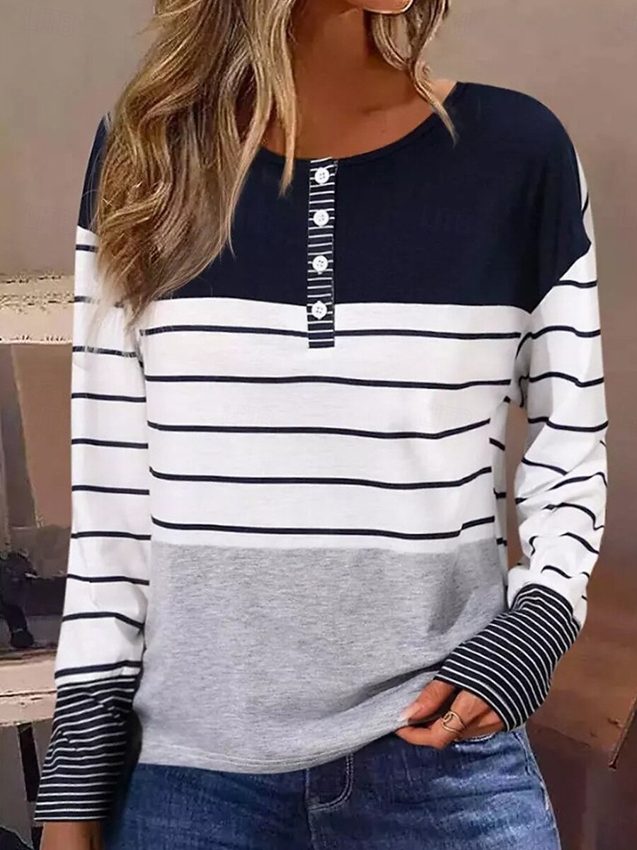 Dame T skjorte Stripet Mote Moderne Fritid Langermet Crew-hals Vanlige topper Daglig Helg Knapper Trykt mønster Hvit Høst Vinter 2025 - $29.99 –P2