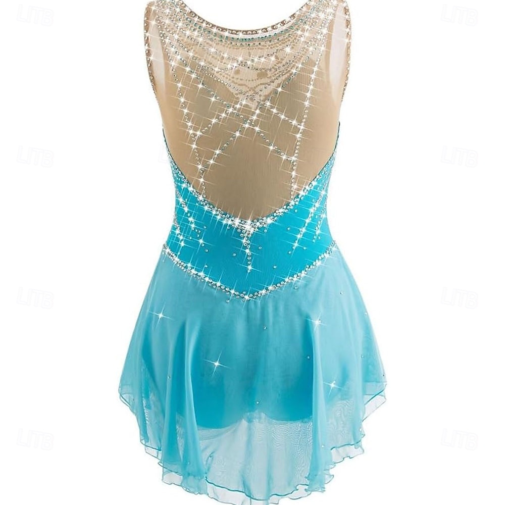 2026年 フィギュアスケート ドレス 女性用 女の子 アイススケート ドレス ブルー アシンメトリーヘム メッシュ 高弾性 訓練 競技大会 スケートウェア クラシック クリスタル・ラインストーン ノースリーブ アイススケート フィギュアスケート  コレクション – $171.99 –P6