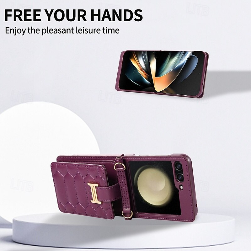 Phone Case For Z Flip 5 Z Flip 4 Z Flip 3 Back Cover with Stand Holder with Lanyard with Wrist Strap Retro TPU PU Leather 2025 - $23.99 –P13