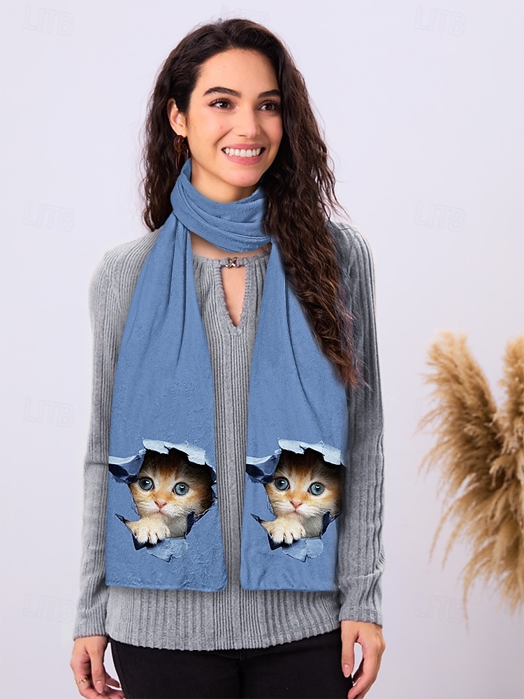 Women's Soft Blue Cat Print Scarf – Adorable Peekaboo Kitten Design, Cozy and Cute Accessory for Cat Lovers 2025 - $18.99 –P1