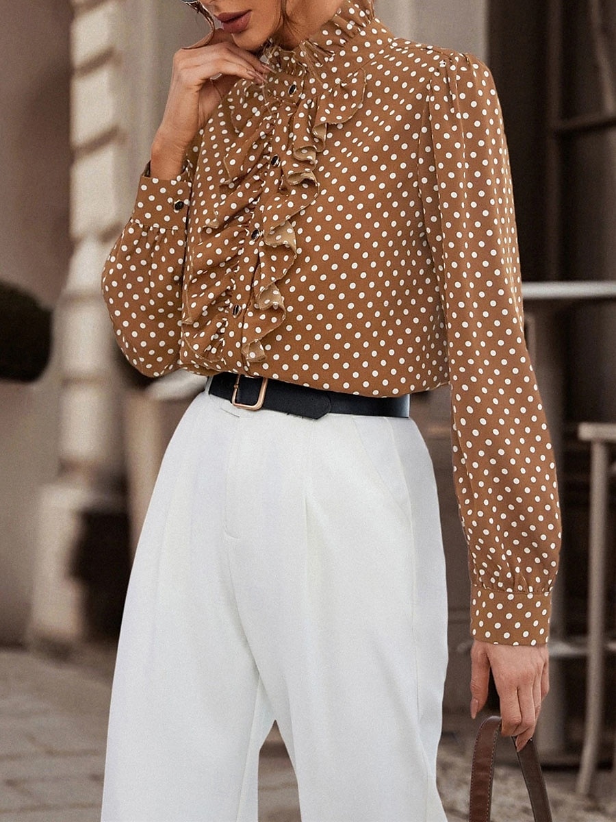 Damen Hemd Bluse Punkt Brautkleider schlicht Langarm Rollkragen Normale Oberteile Täglich Rüsche Patchwork Knopf Schwarz Braun Herbst Winter 2025 - $29.99 –P4