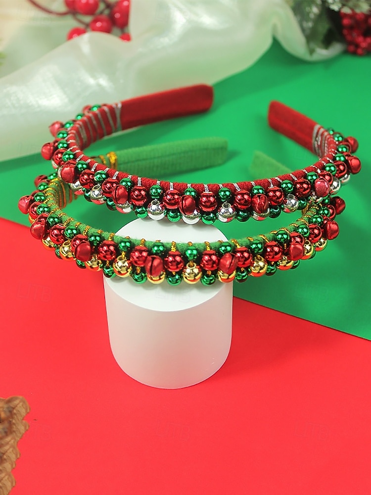 Feestelijke rode kersthoofdband voor dames met rode, groene en zilveren kralen - haaraccessoire voor de feestdagen en vieringen 2026 - $7.99 –P3
