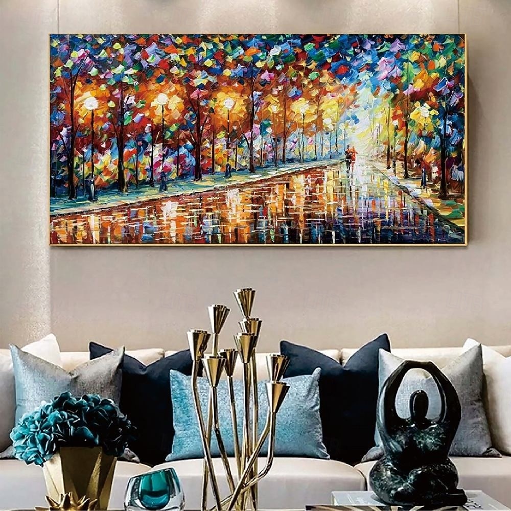 handgemaltes Straßenlandschaftsgemälde, handgemachtes Pattle Knife, abstraktes Regen-Tag-Nacht-Gemälde, Wandkunst, extragroße Wandkunst, strukturiertes abstraktes Ölgemälde auf Leinwand, handgemaltes 2025 - $61.99 –P4